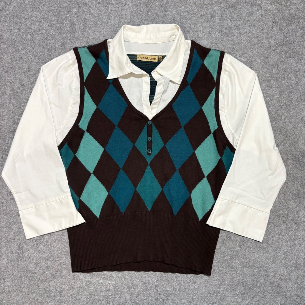 Notations Womens XL Argyle Sweater Vest Layered Top Brown Teal Preppy Academic